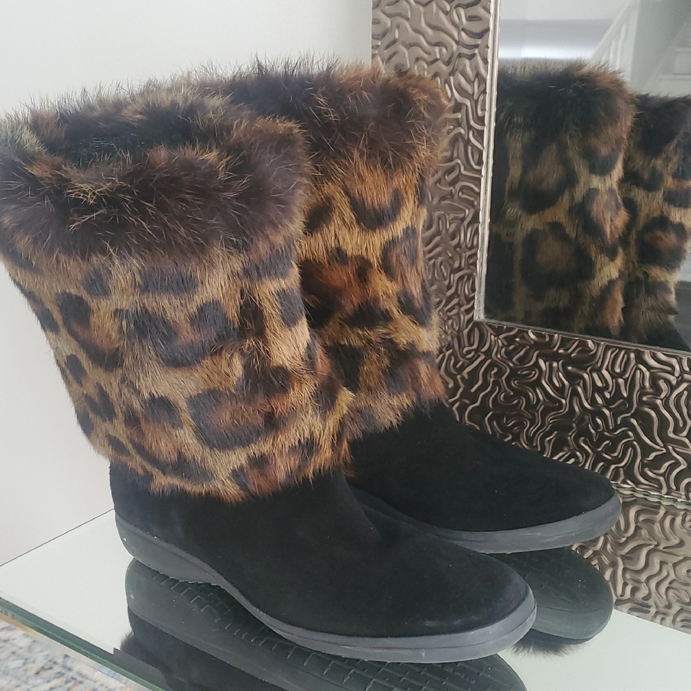 Stuart Weitzman Real Rabbit Leooard Fur & Suede Mid-Calf Boots